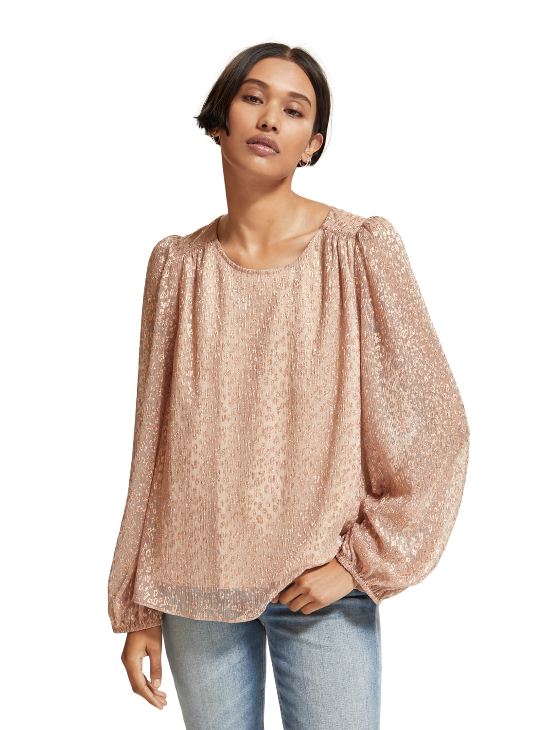 Metallic Balloon Sleeve Blouse