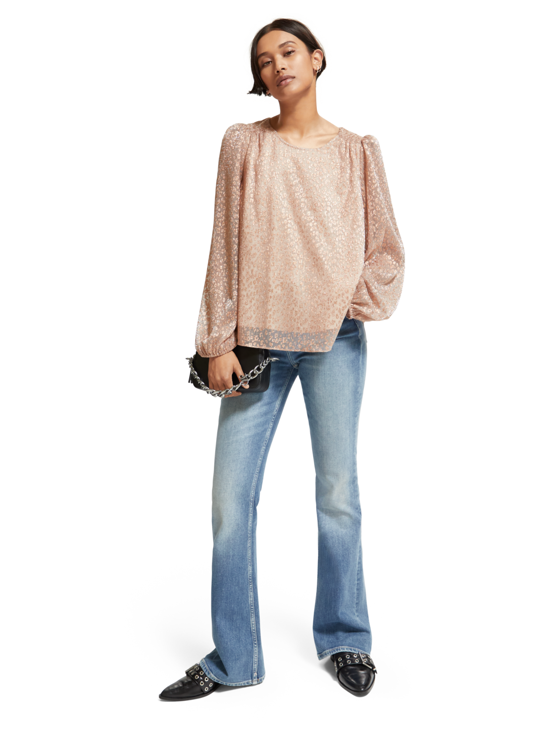 Metallic Balloon Sleeve Blouse