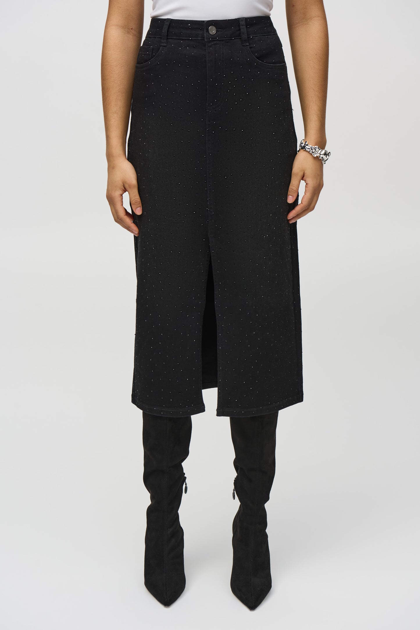 Classic Denim Pencil Skirt With Rhinestones