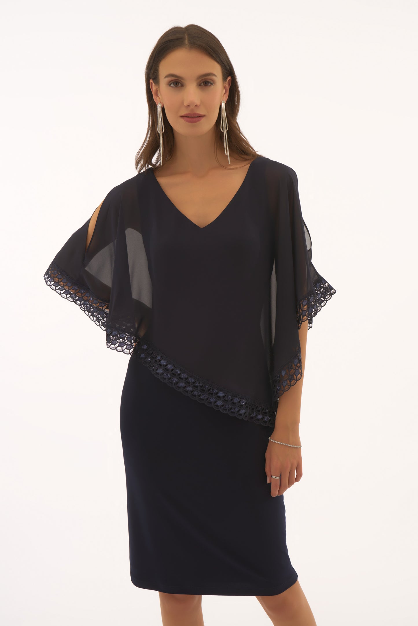 Silky Knit and Chiffon Poncho Sheath Dress