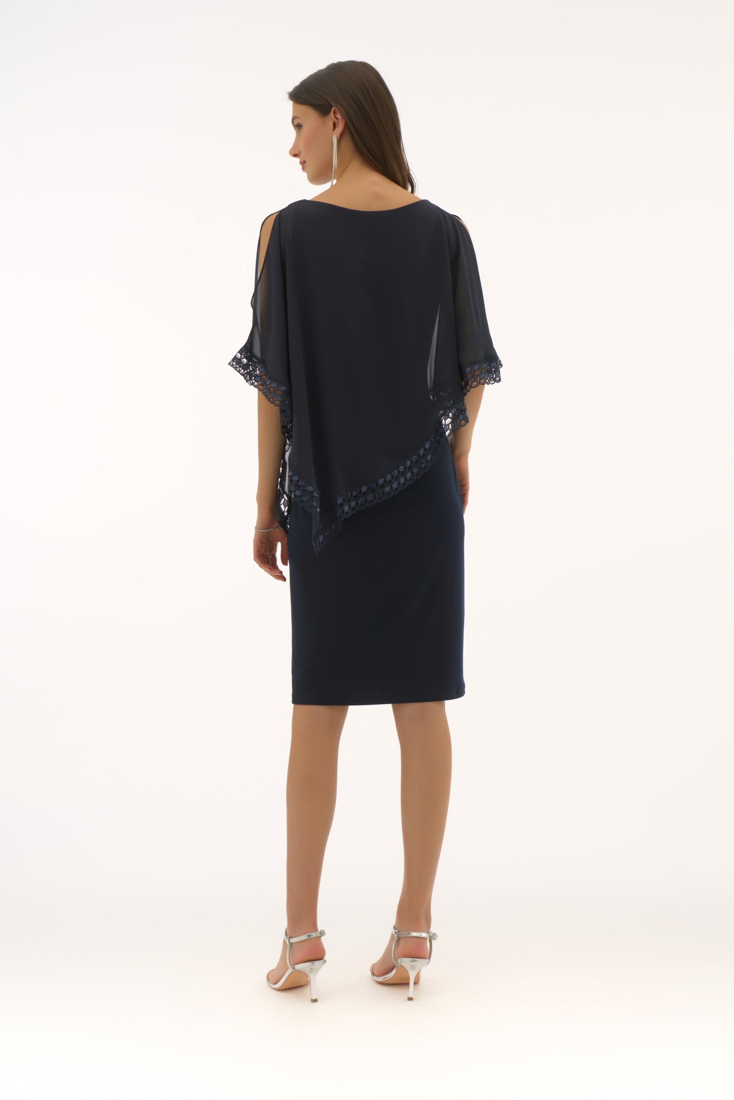 Silky Knit and Chiffon Poncho Sheath Dress