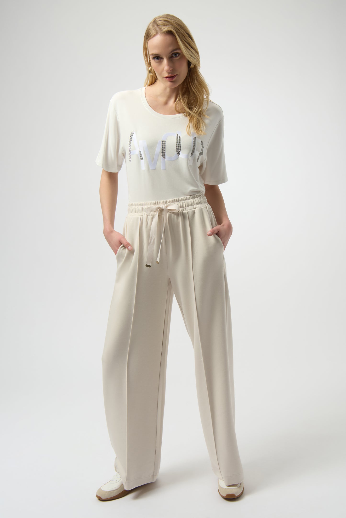 Knit T-Shirt with Rhinestone Word