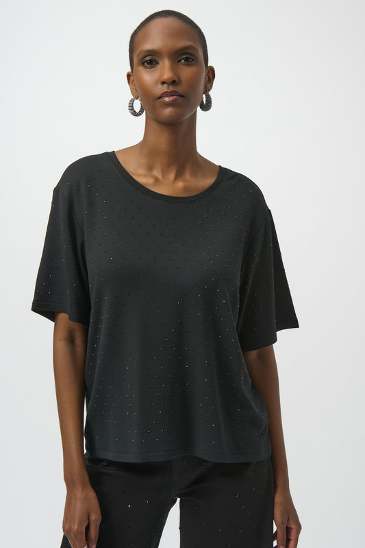 Knit Scoop Neck T-Shirt with Rhinestones