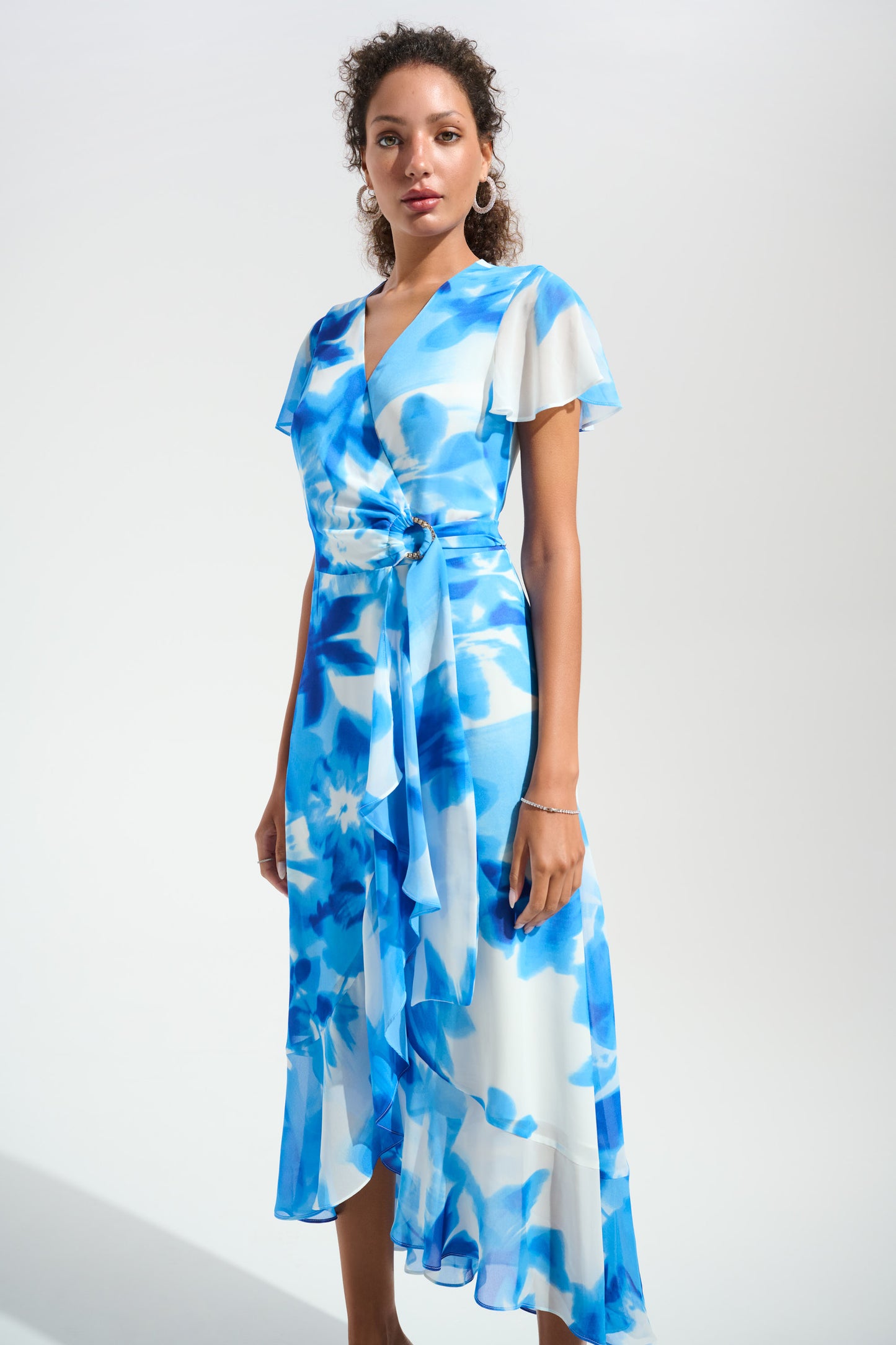 Chiffon Print Wrap Dress With Ruffle Detail