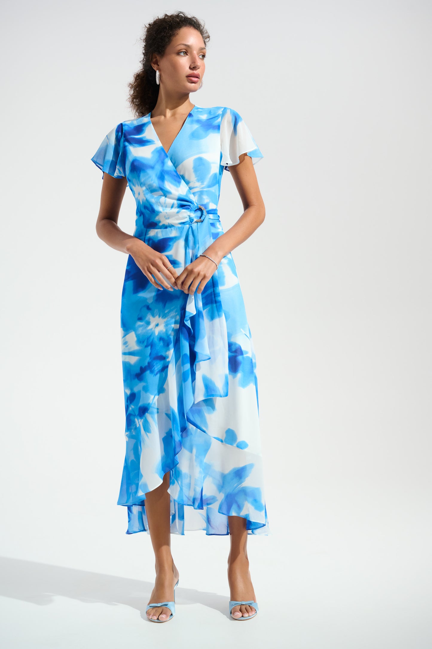 Chiffon Print Wrap Dress With Ruffle Detail