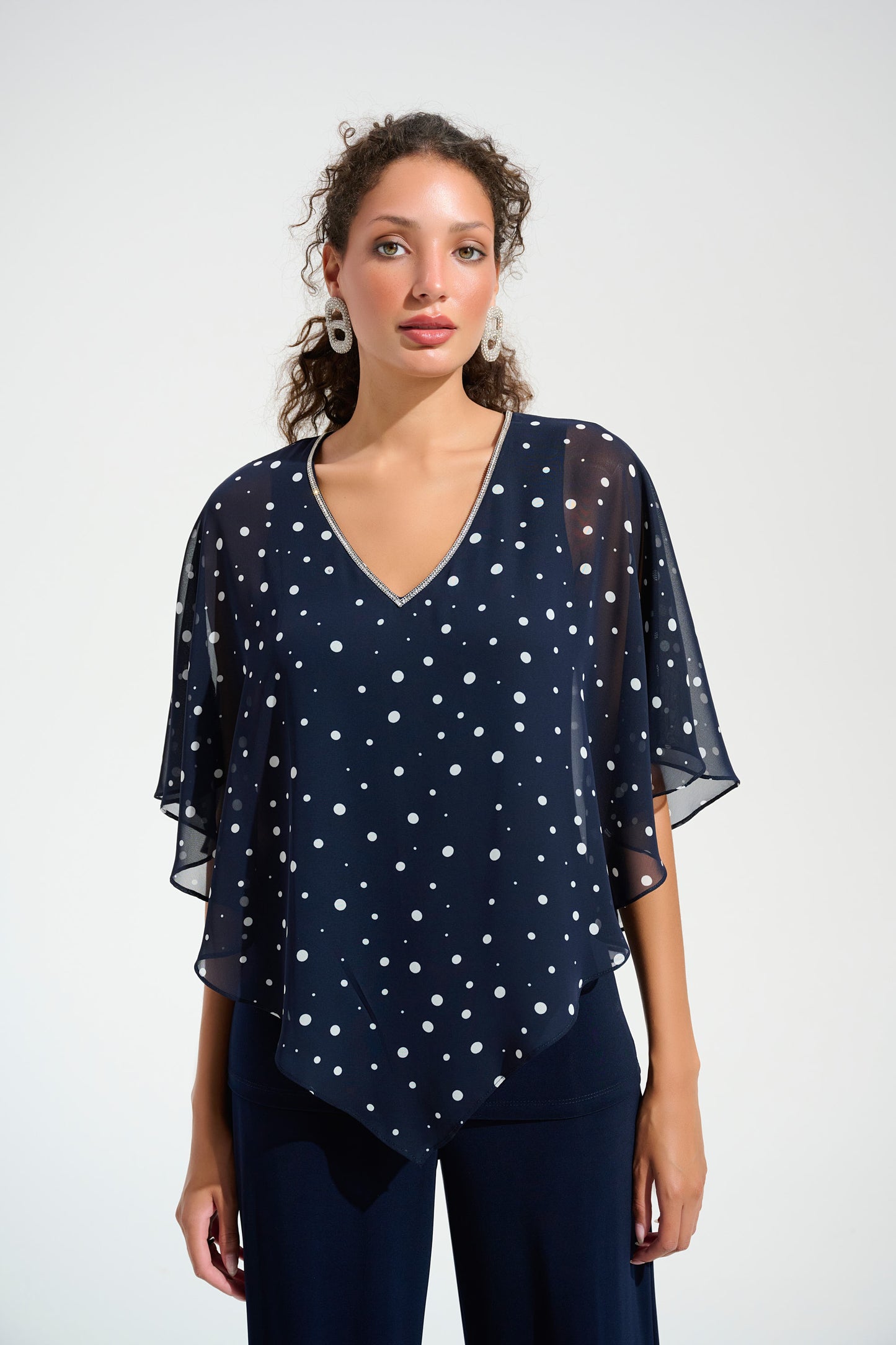 Silky Knit Dot Print Poncho With Rhinestones Trim