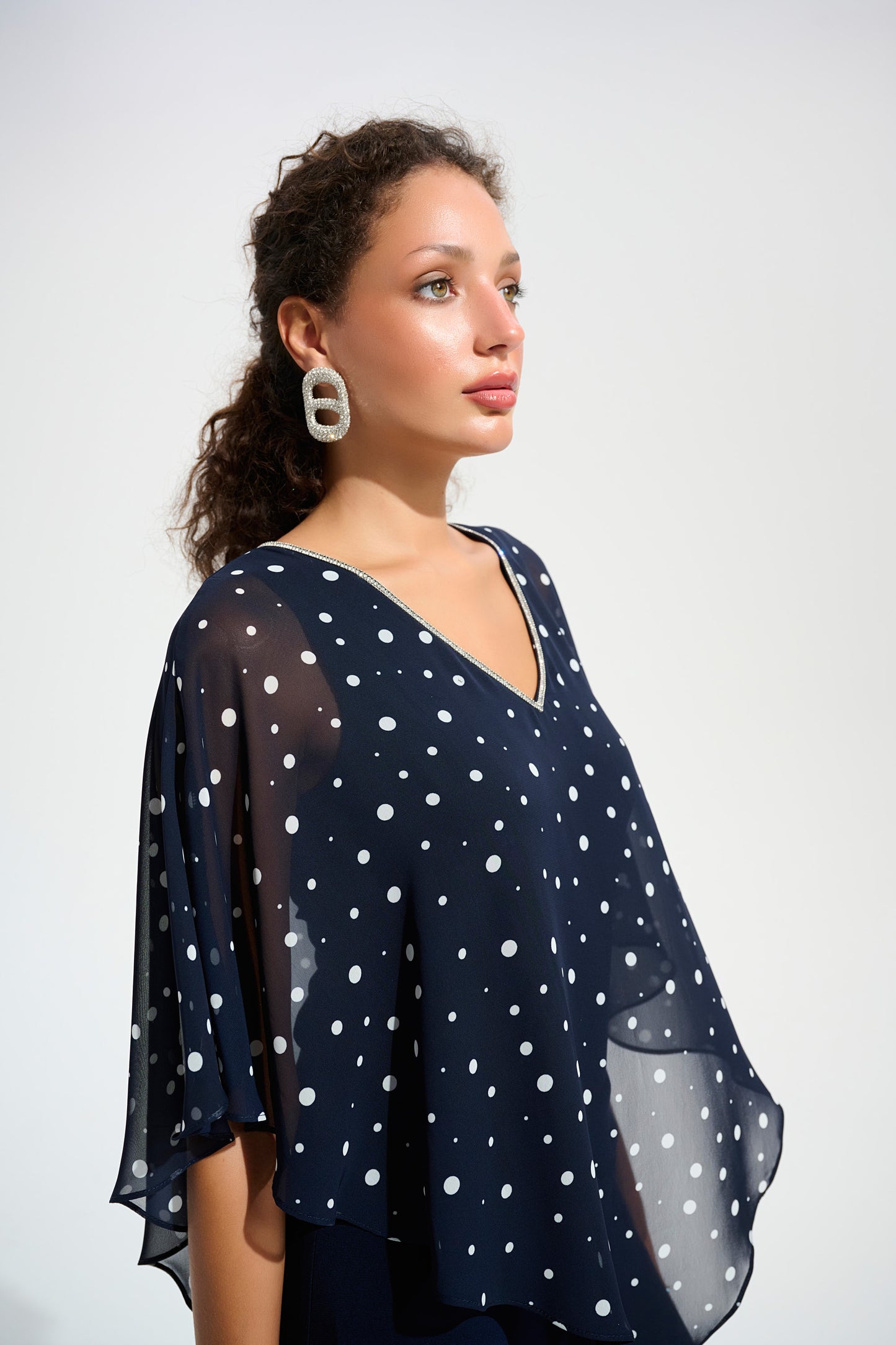 Silky Knit Dot Print Poncho With Rhinestones Trim