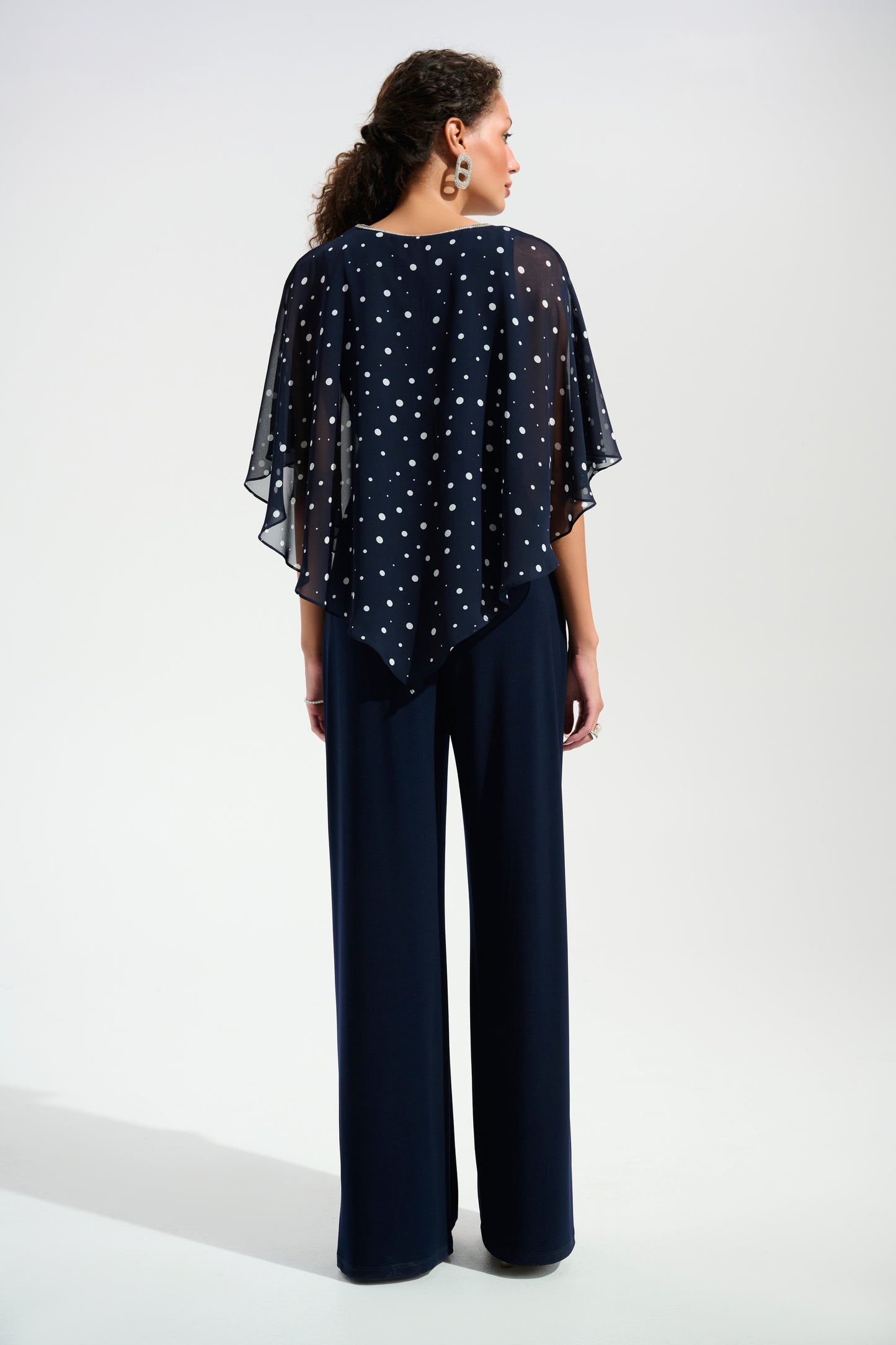 Silky Knit Dot Print Poncho With Rhinestones Trim
