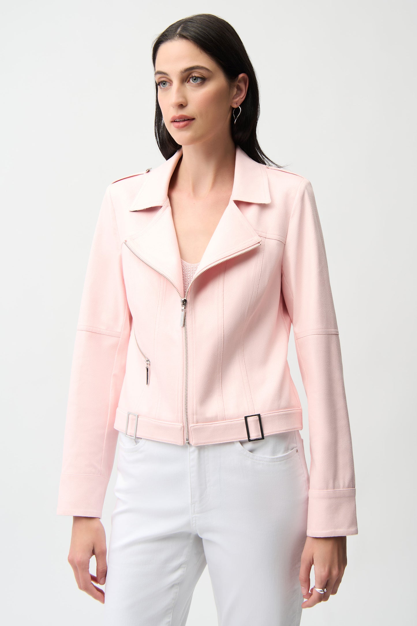 Foiled Faux Suede Fitted Jacket with Decorative Buckles