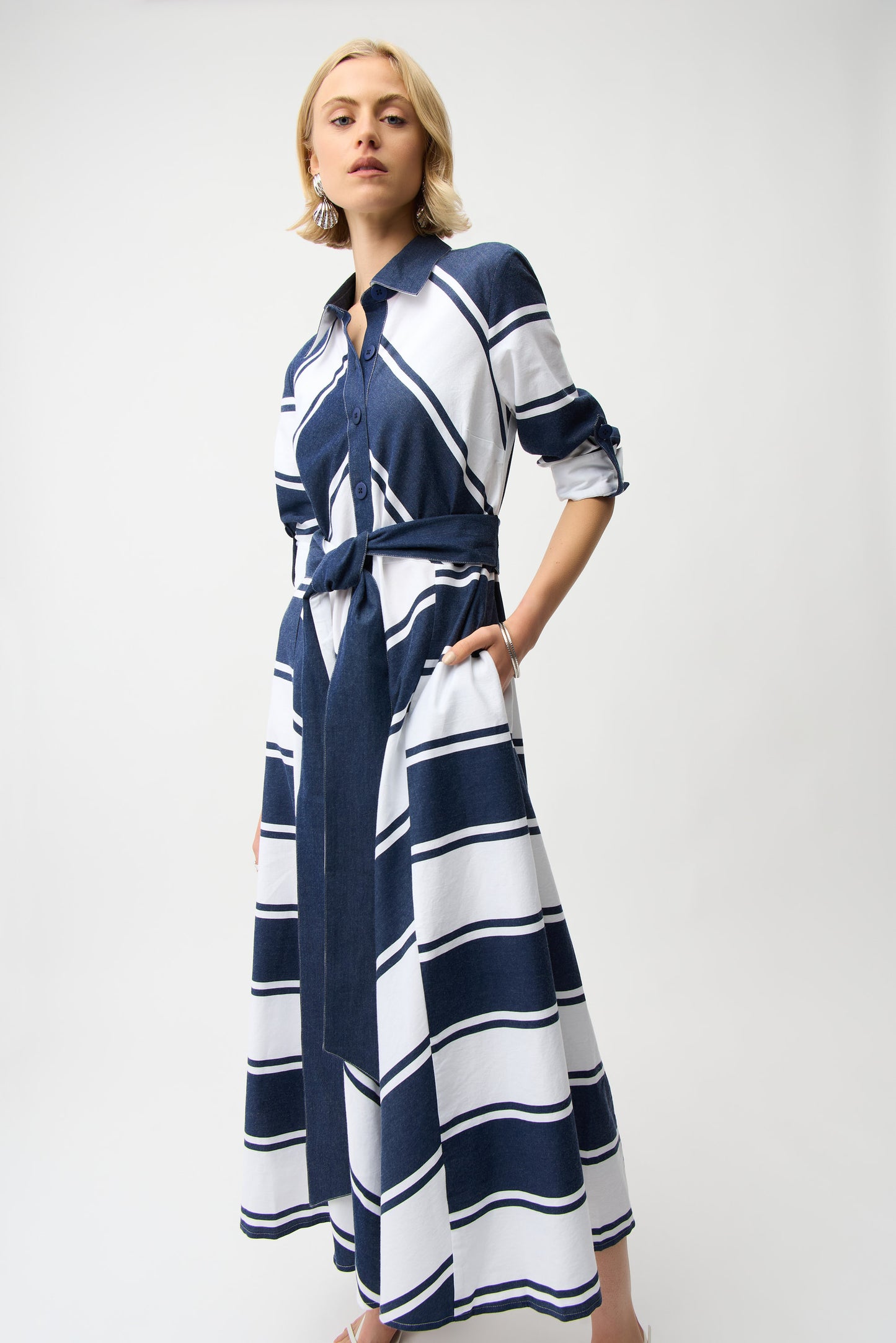 Cotton Stripe Print Fit and Flare Shirt Dress with Reversible Sash