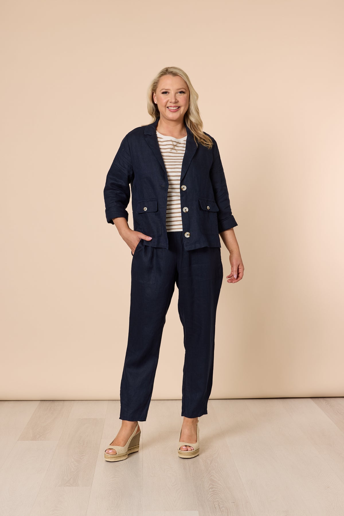 Sarah Rib Waist Linen Pant - Navy