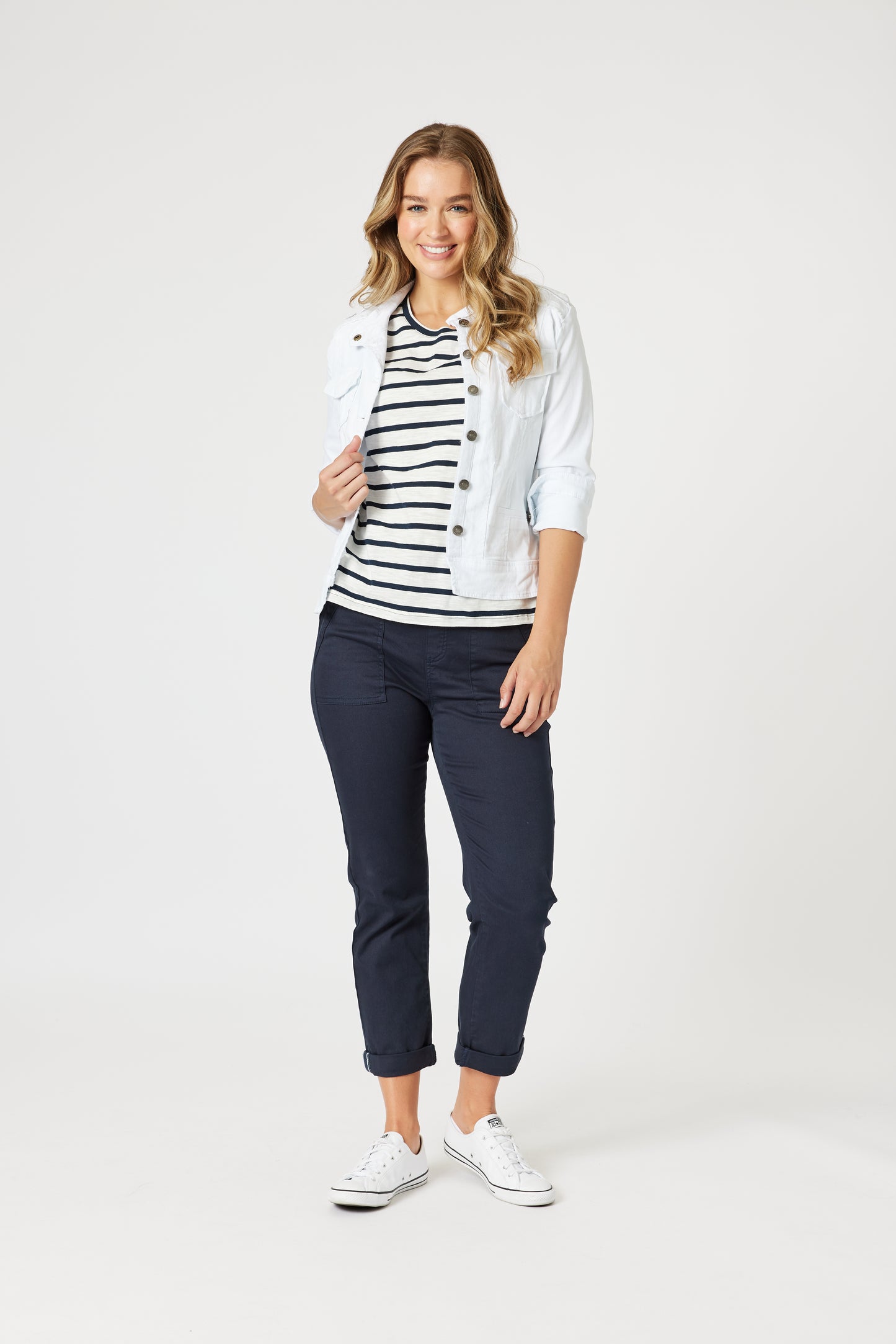 Military Style Denim Jacket - White