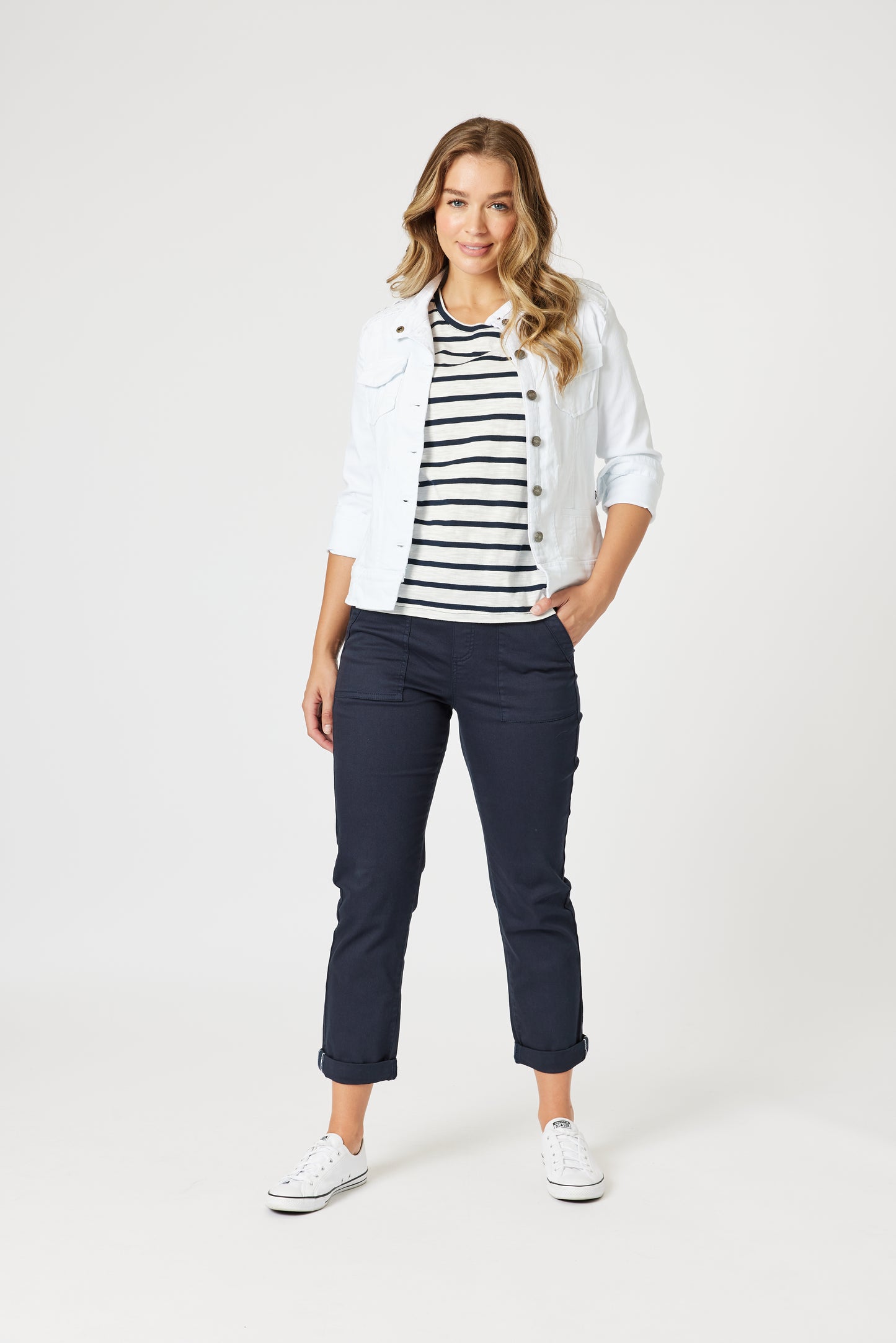 Military Style Denim Jacket - White