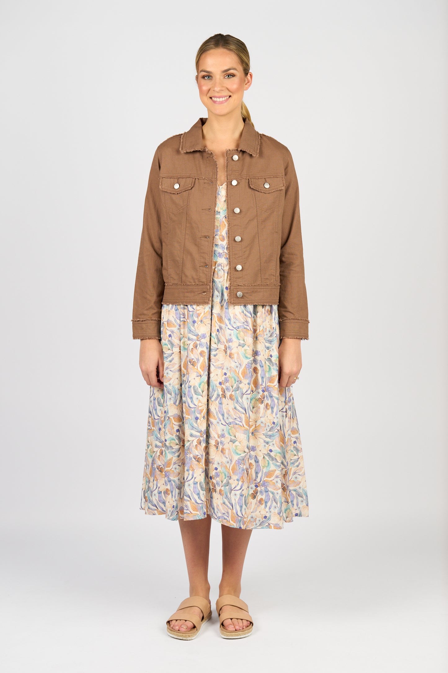 Pecan Linen Jacket with Frayed Seams