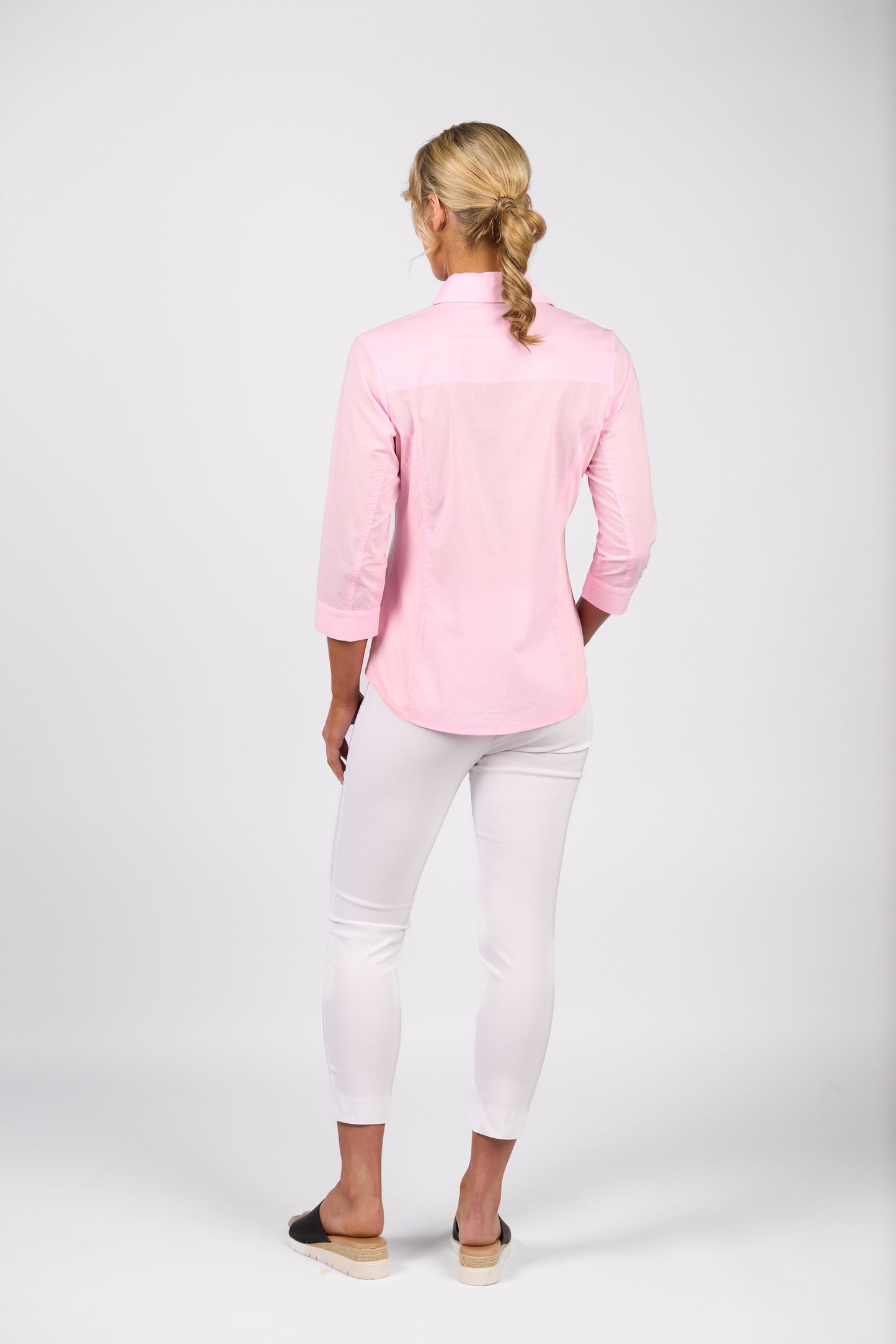 Soft Pink Plain Button Up Shirt with Rib Panels