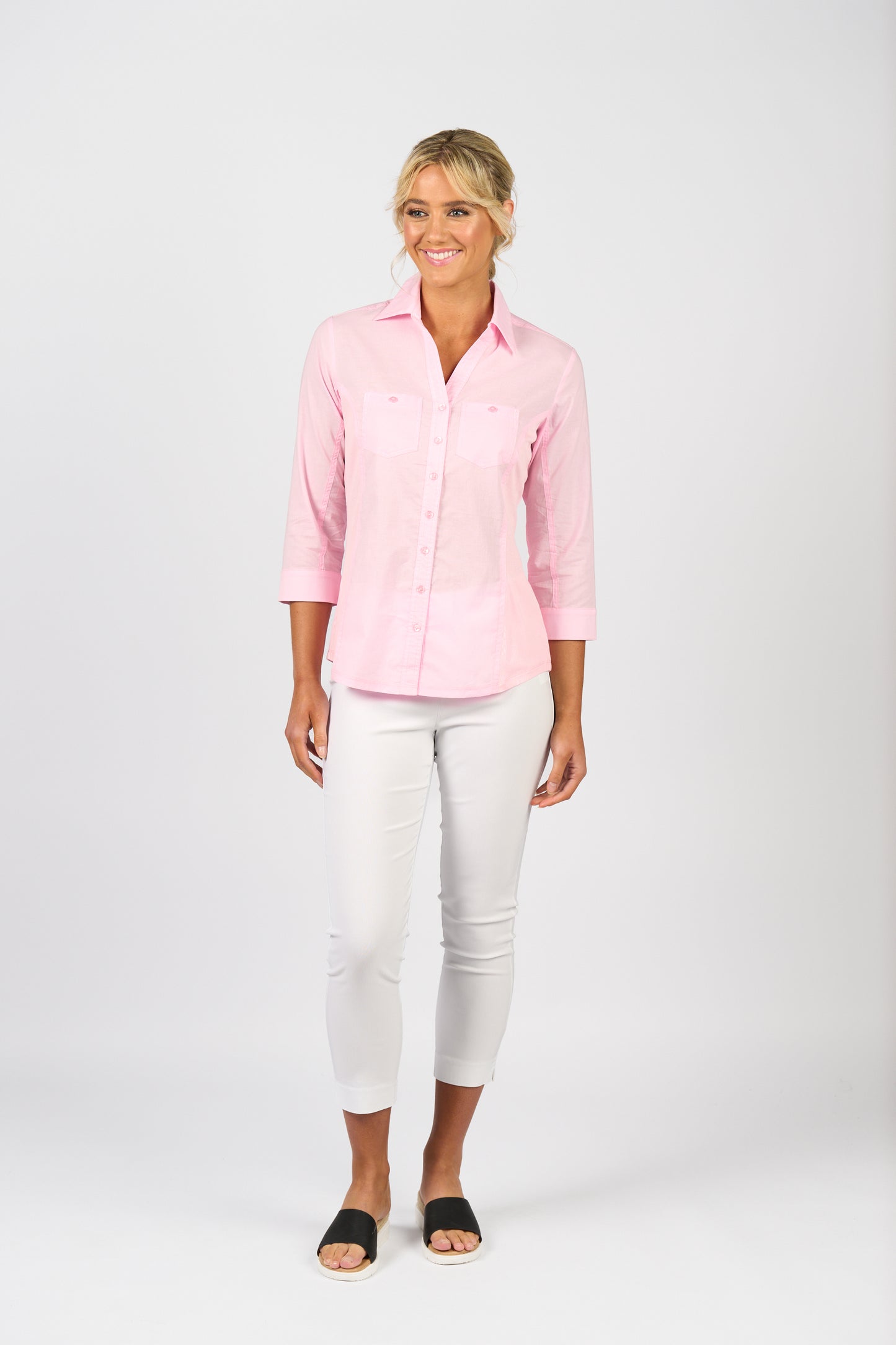 Soft Pink Plain Button Up Shirt with Rib Panels