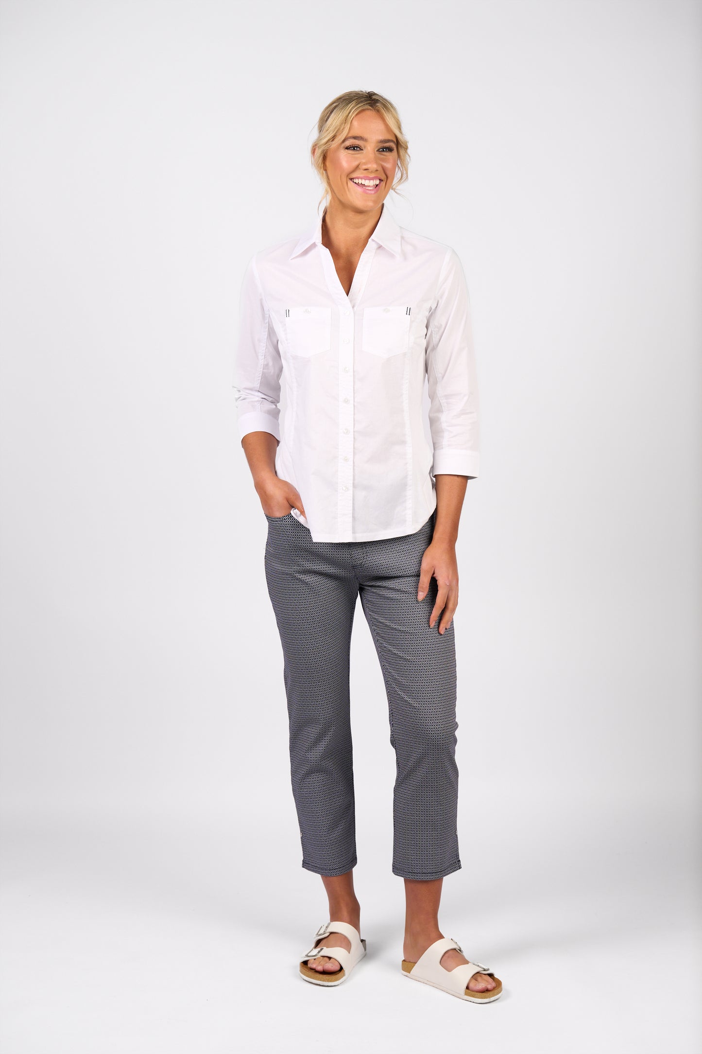 White Plain Button Up Shirt with Rib Panels