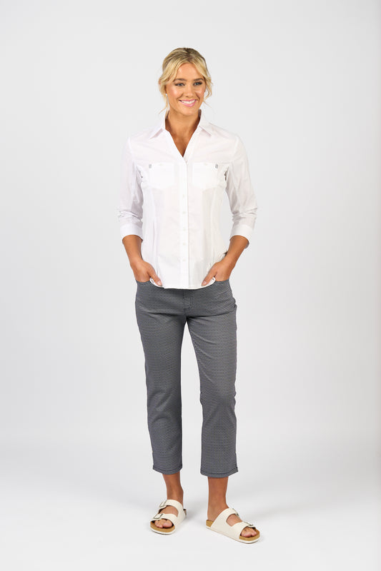 White Plain Button Up Shirt with Rib Panels