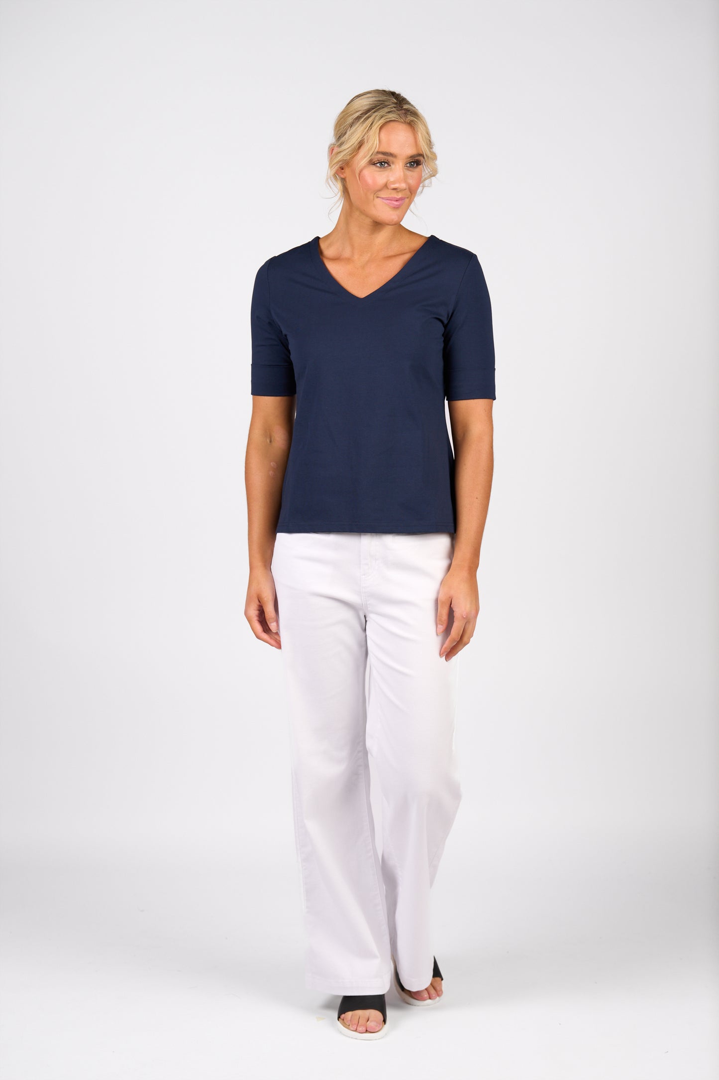 Navy V-Neck Top with Cuffed Sleeve