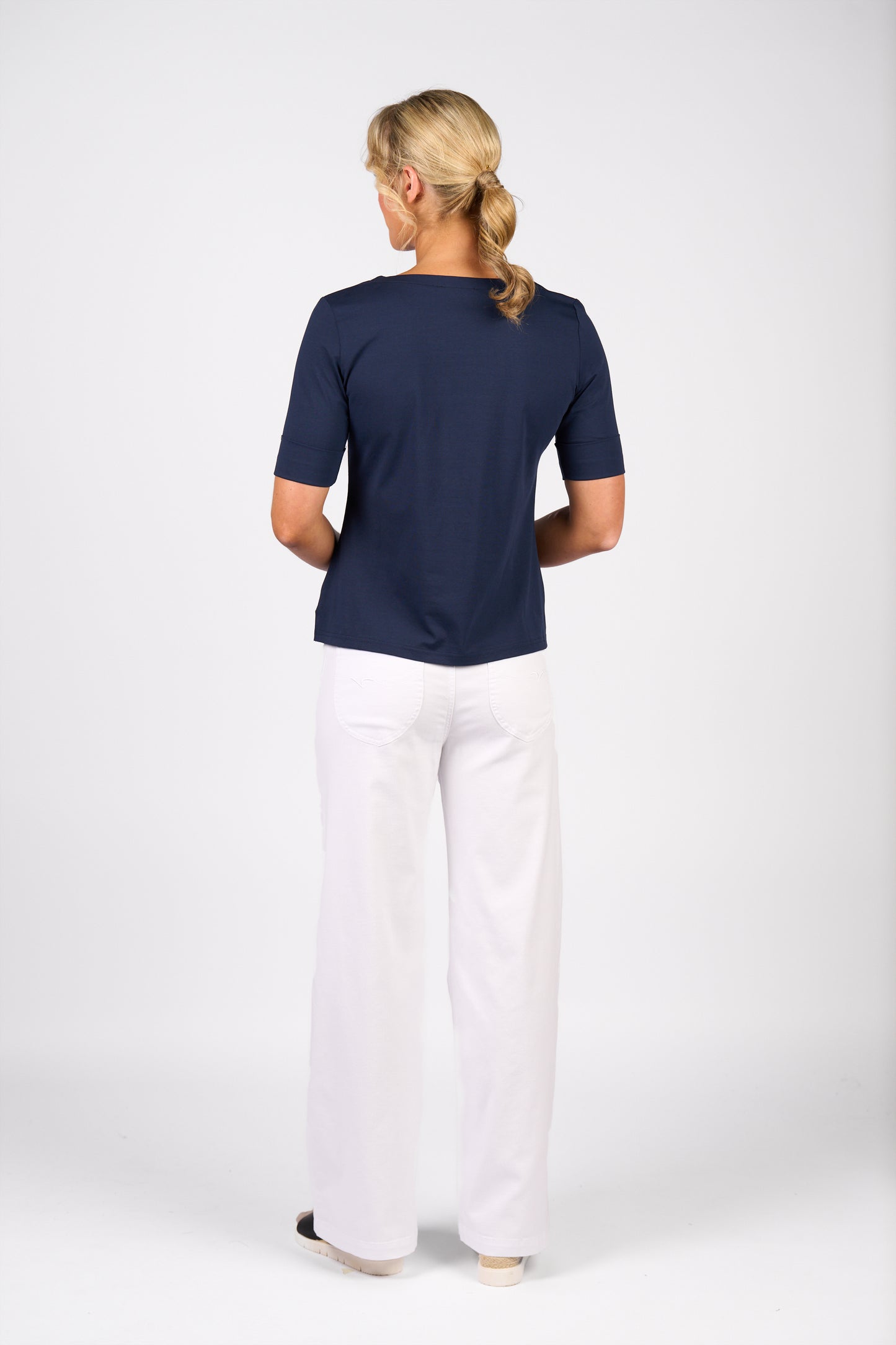 Navy V-Neck Top with Cuffed Sleeve