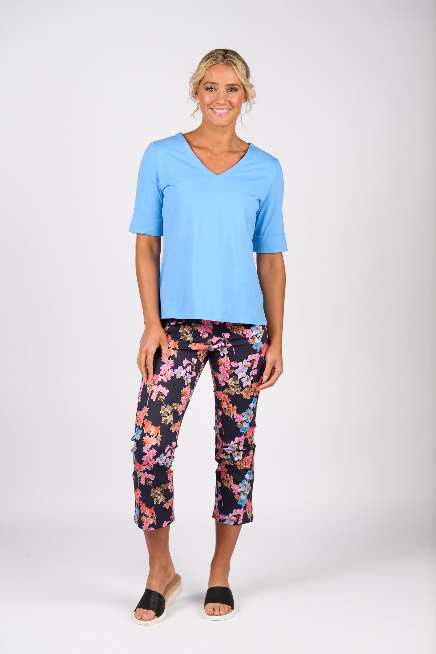 Sky V-Neck Top with Cuffed Sleeve