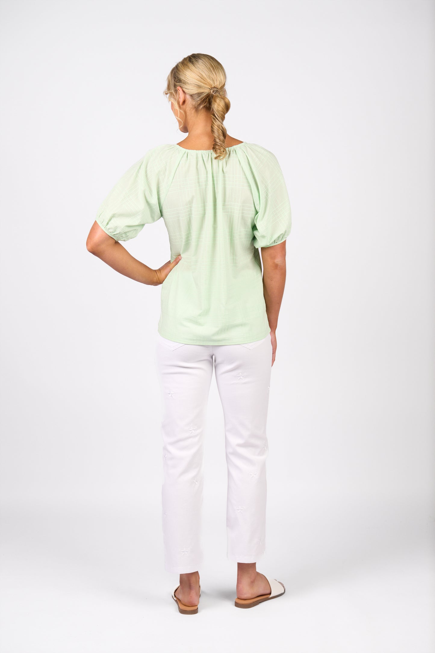 Mint Plain V Neck Top with Floaty Sleeve