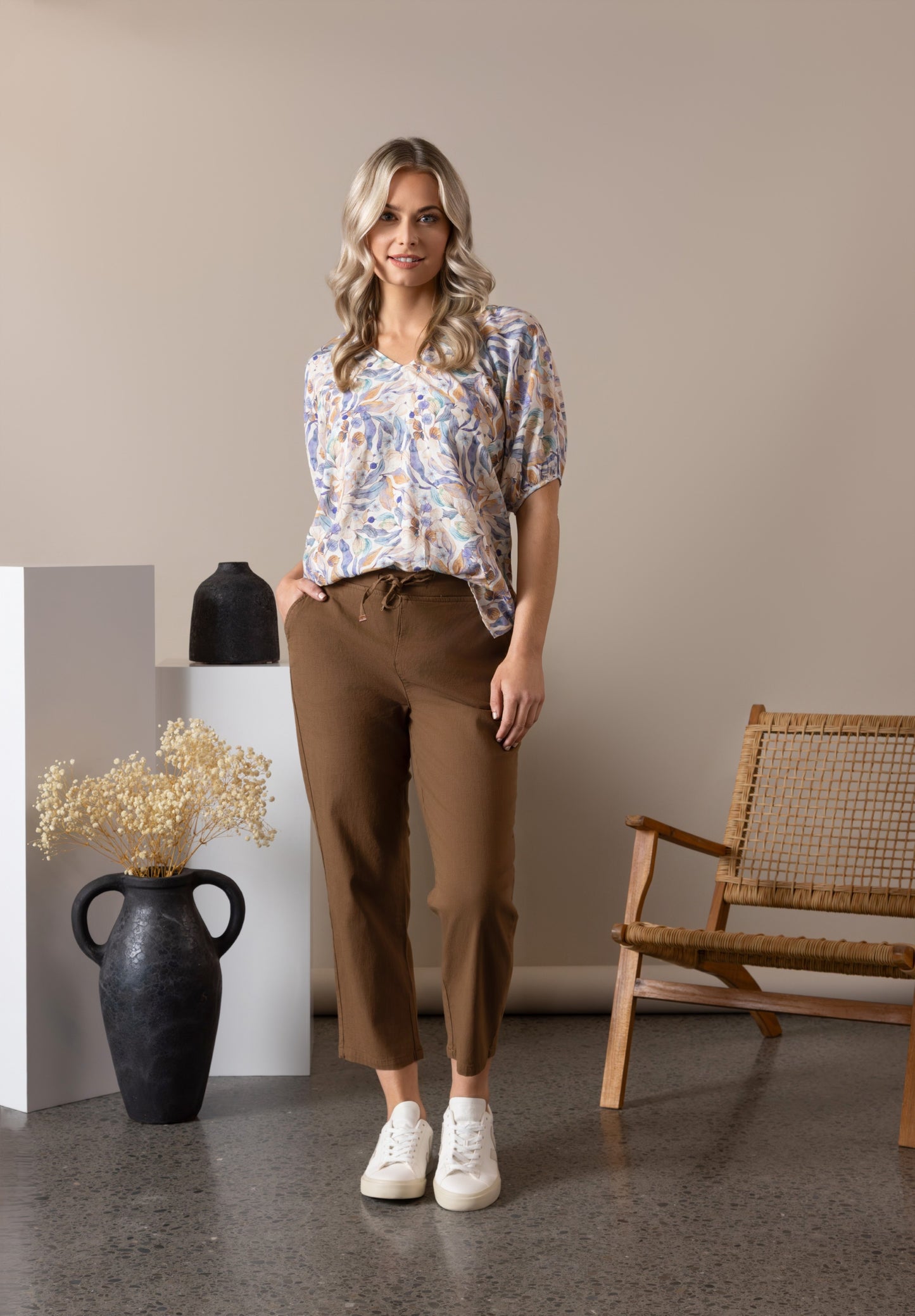 Amalfi Printed V-Neck Top with Floaty Sleeve