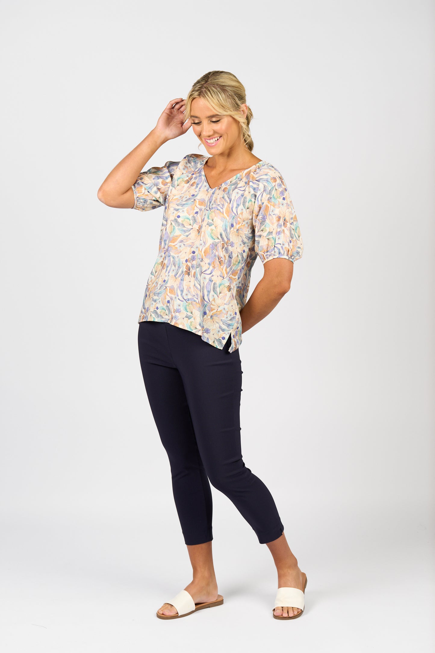 Amalfi Printed V-Neck Top with Floaty Sleeve