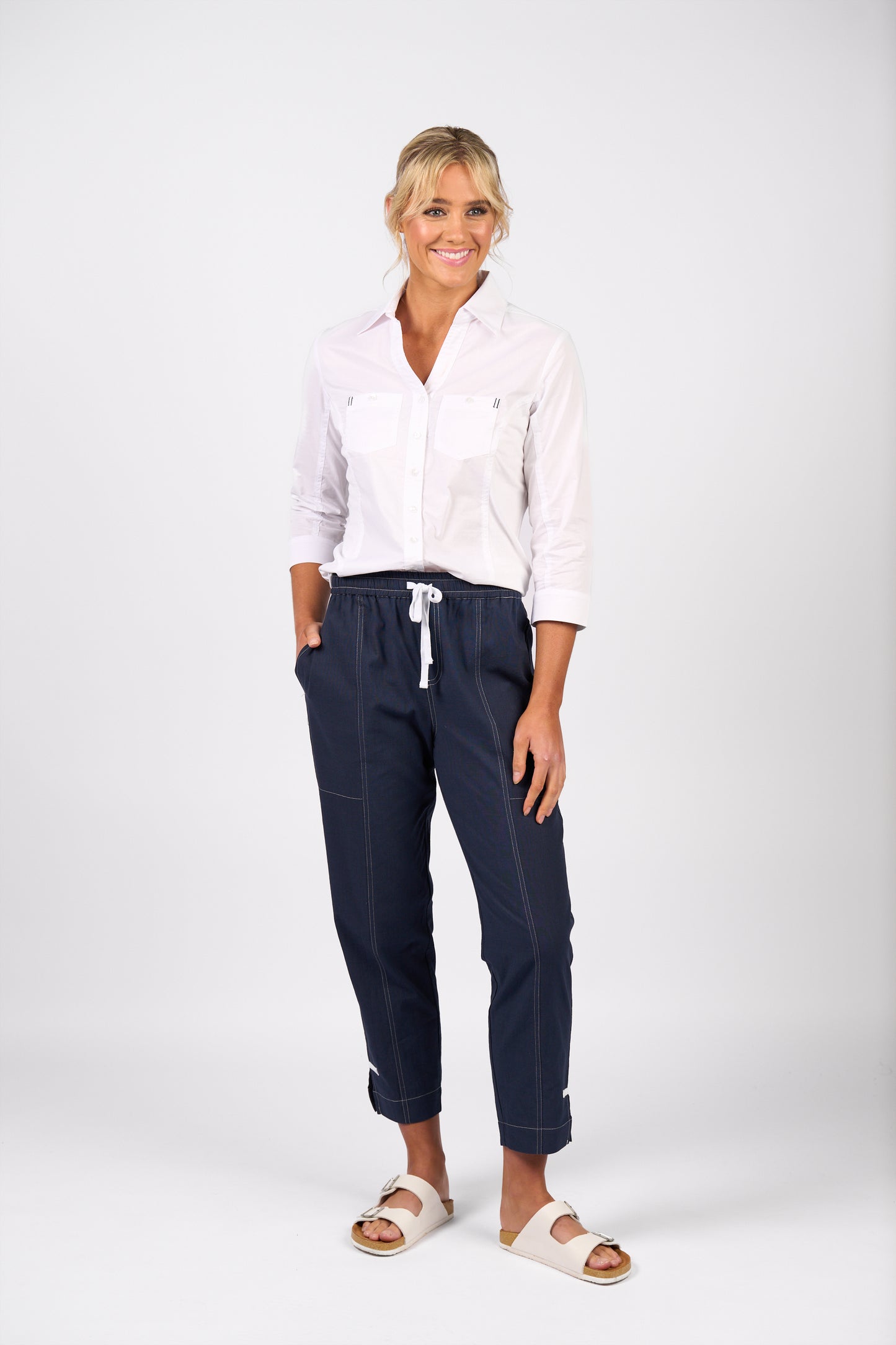 Ink Relaxed Leg Ankle Grazer Pant with Contrast Trim and Stitching