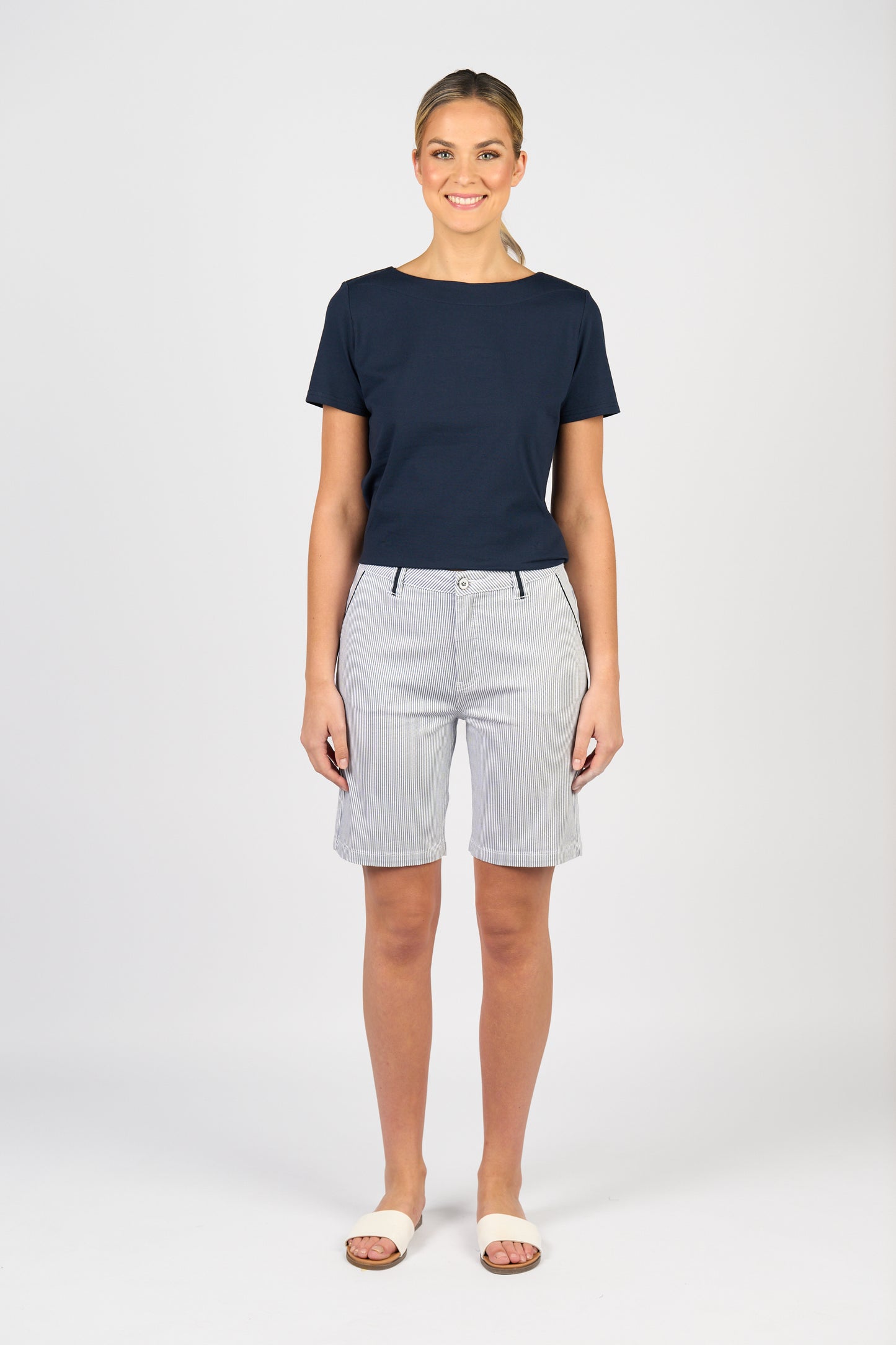 Ink/White Stripe Slim Leg Above Knee Short with Contrast Trim