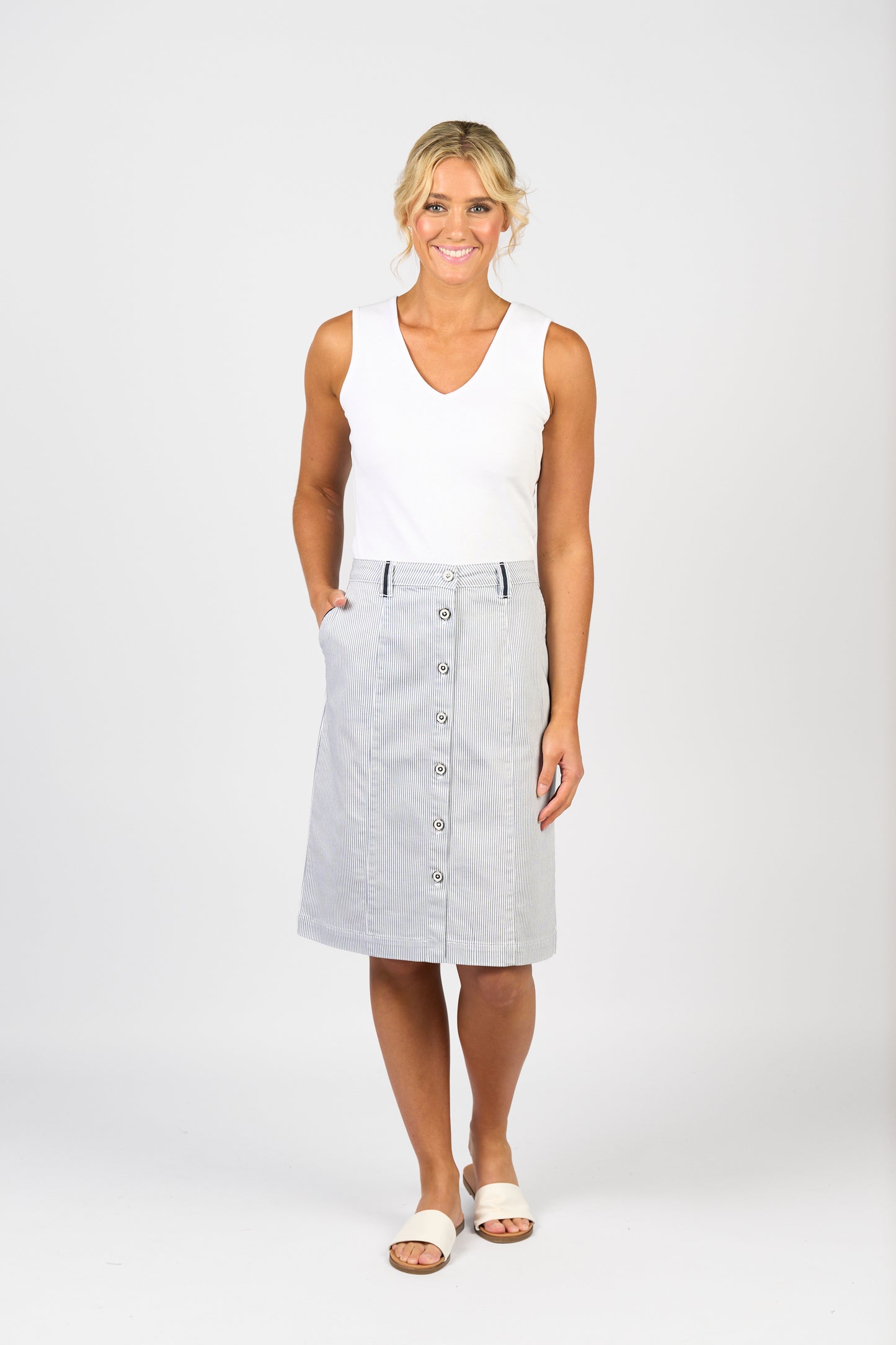 Ink/White Stripe Knee Length Skirt with Contrast Buttons and Trim