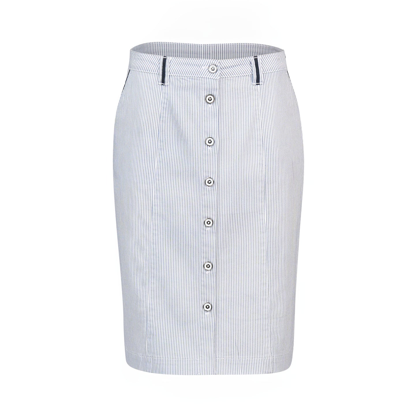 Ink/White Stripe Knee Length Skirt with Contrast Buttons and Trim