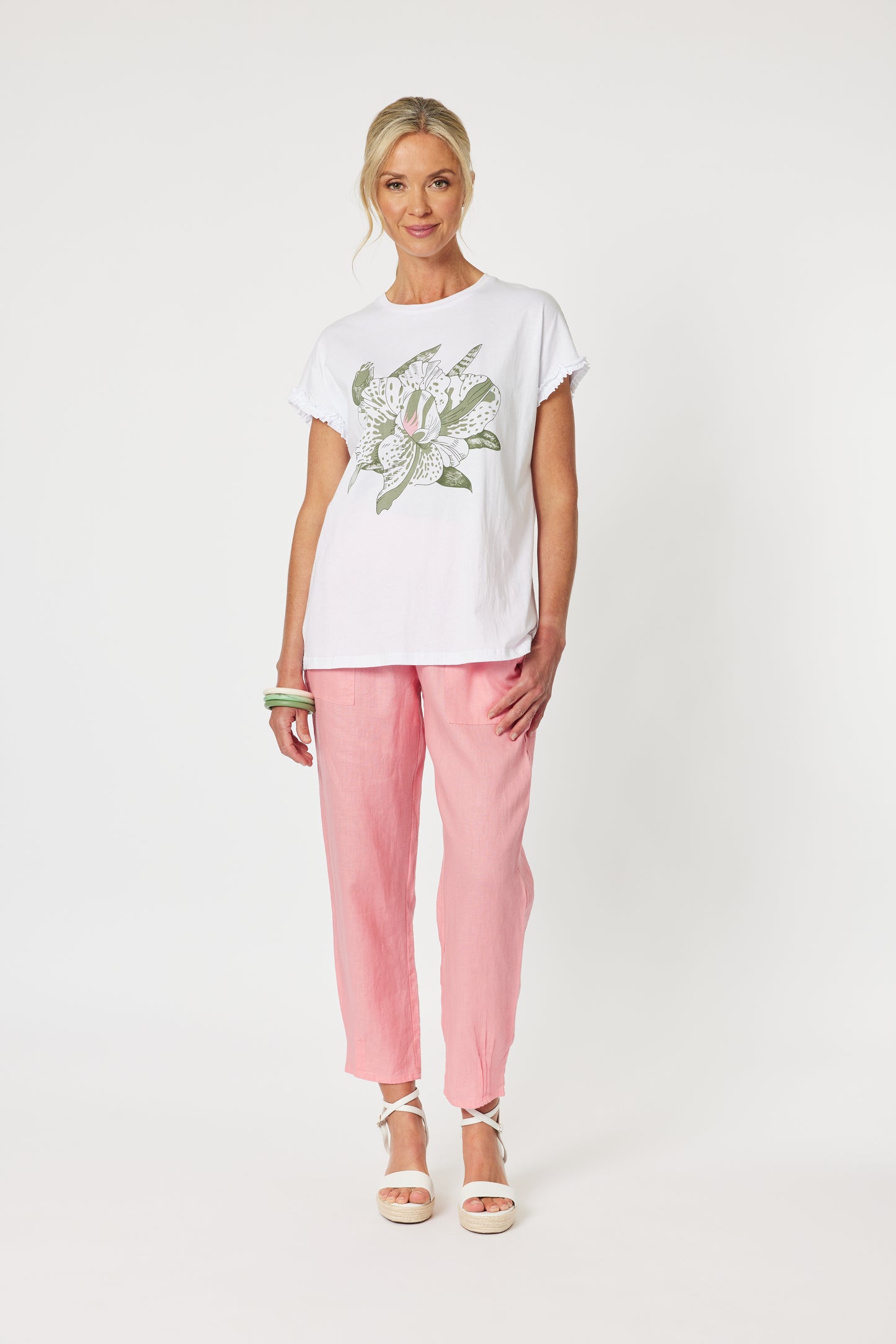 Sarah Rib Waist Linen Pant - Coral