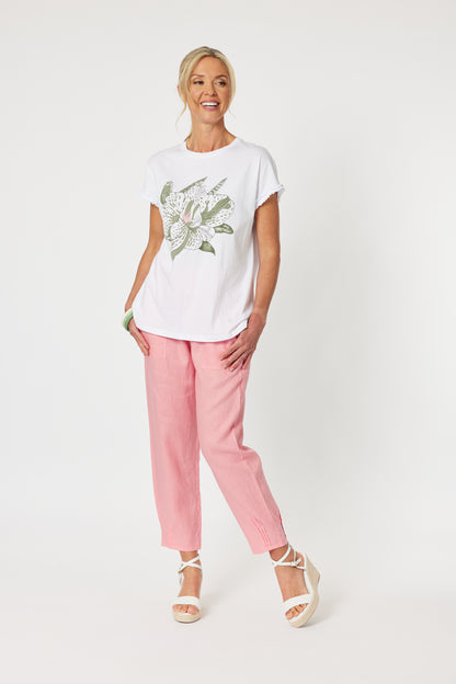 Sarah Rib Waist Linen Pant - Coral