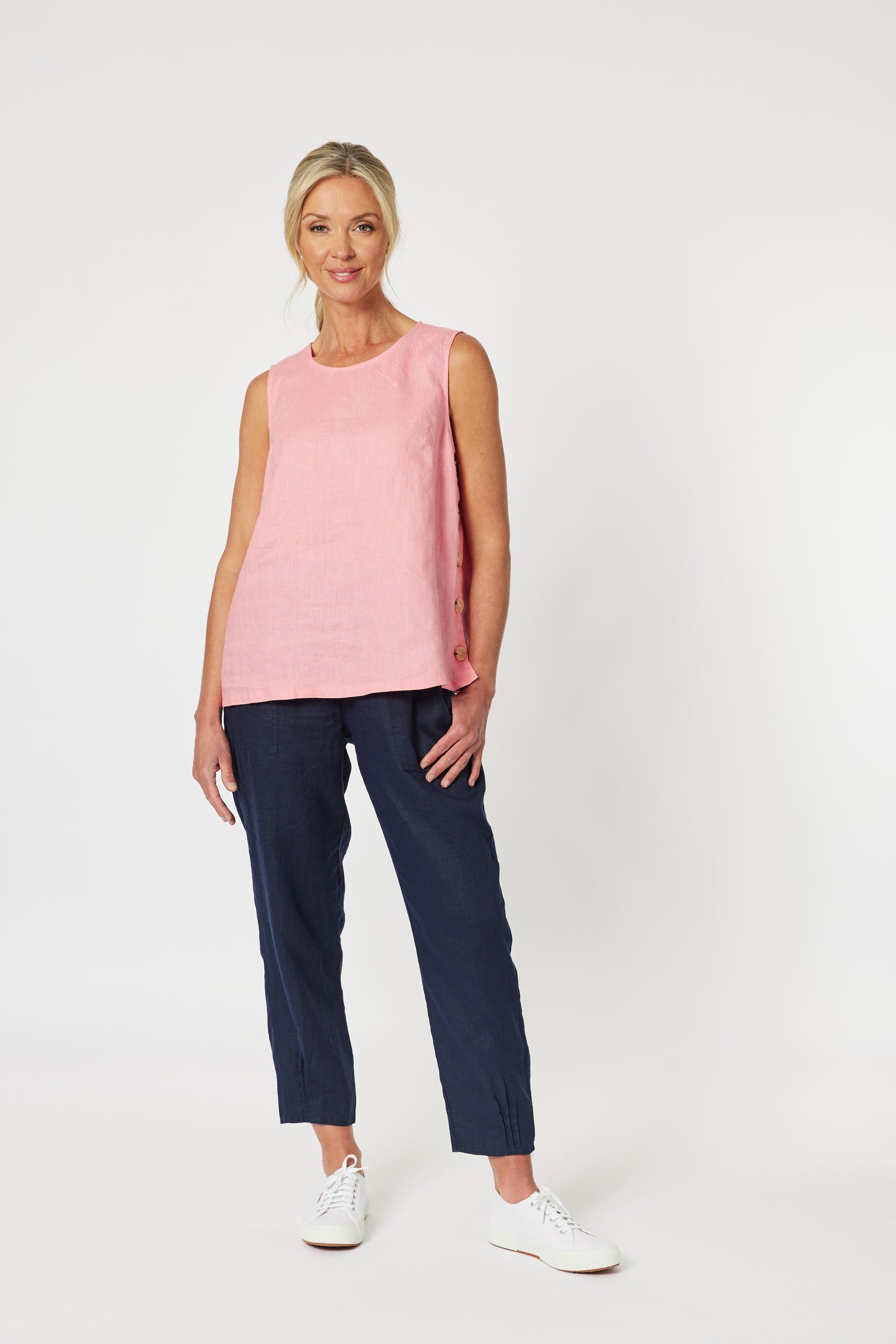 Sarah Rib Waist Linen Pant - Navy