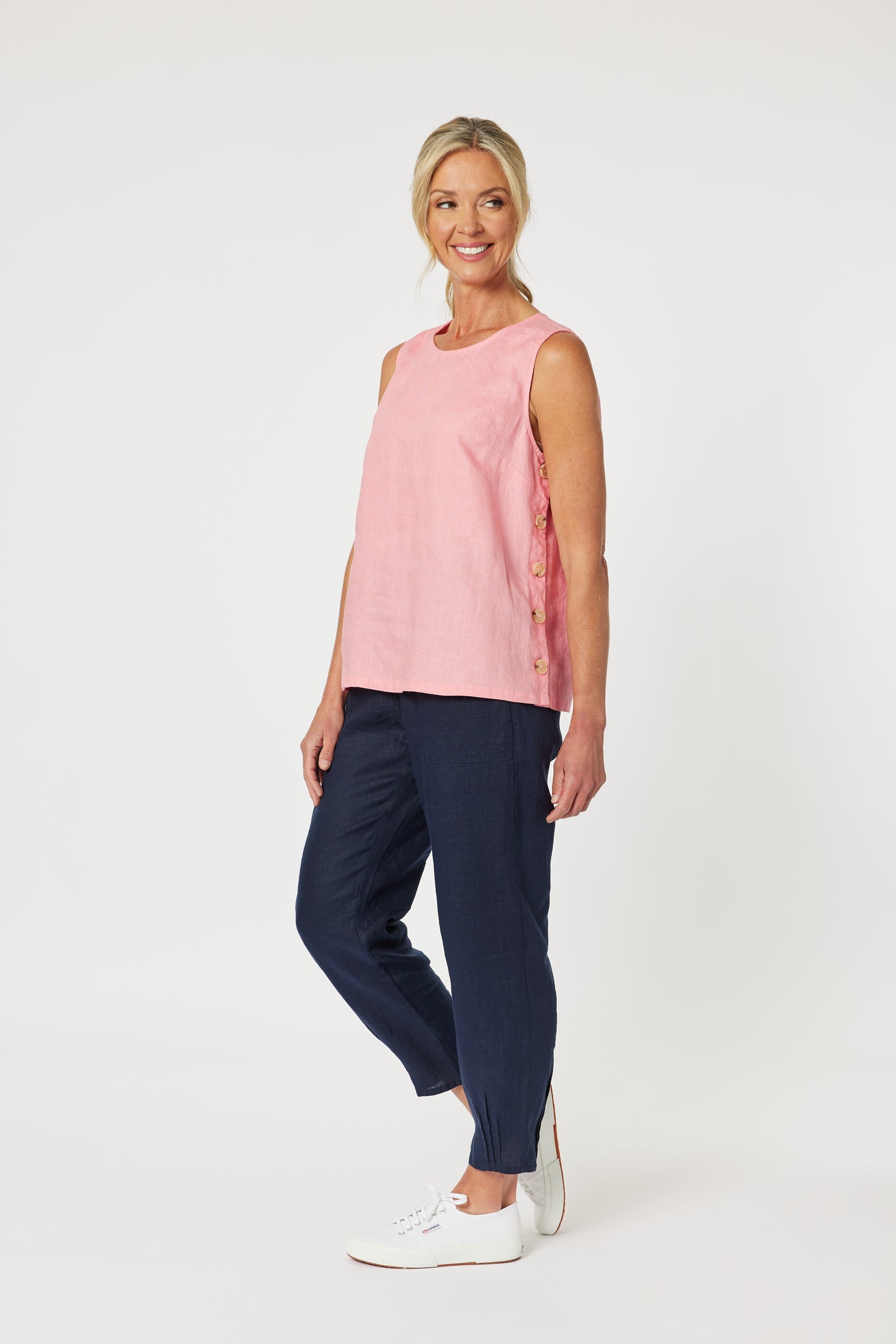 Sarah Rib Waist Linen Pant - Navy