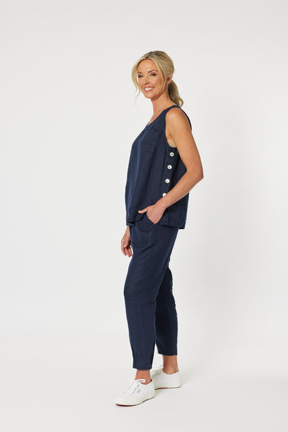 Sarah Rib Waist Linen Pant - Navy