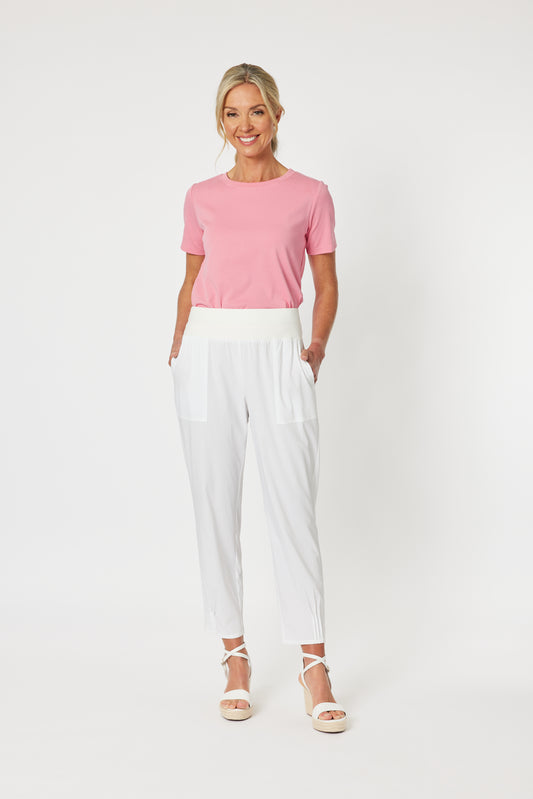 Sarah Rib Waist Linen Pant - White