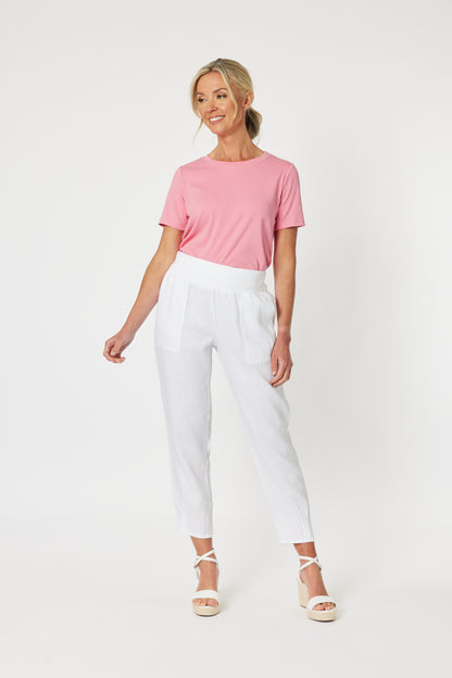 Sarah Rib Waist Linen Pant - White