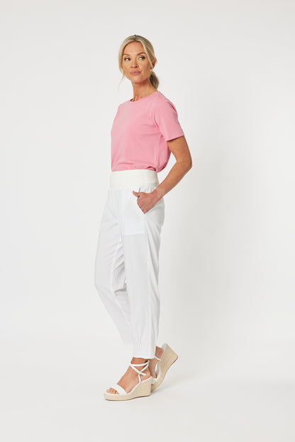 Sarah Rib Waist Linen Pant - White