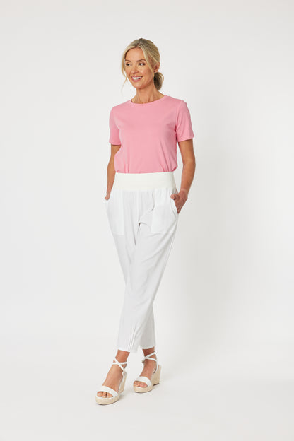 Sarah Rib Waist Linen Pant - White