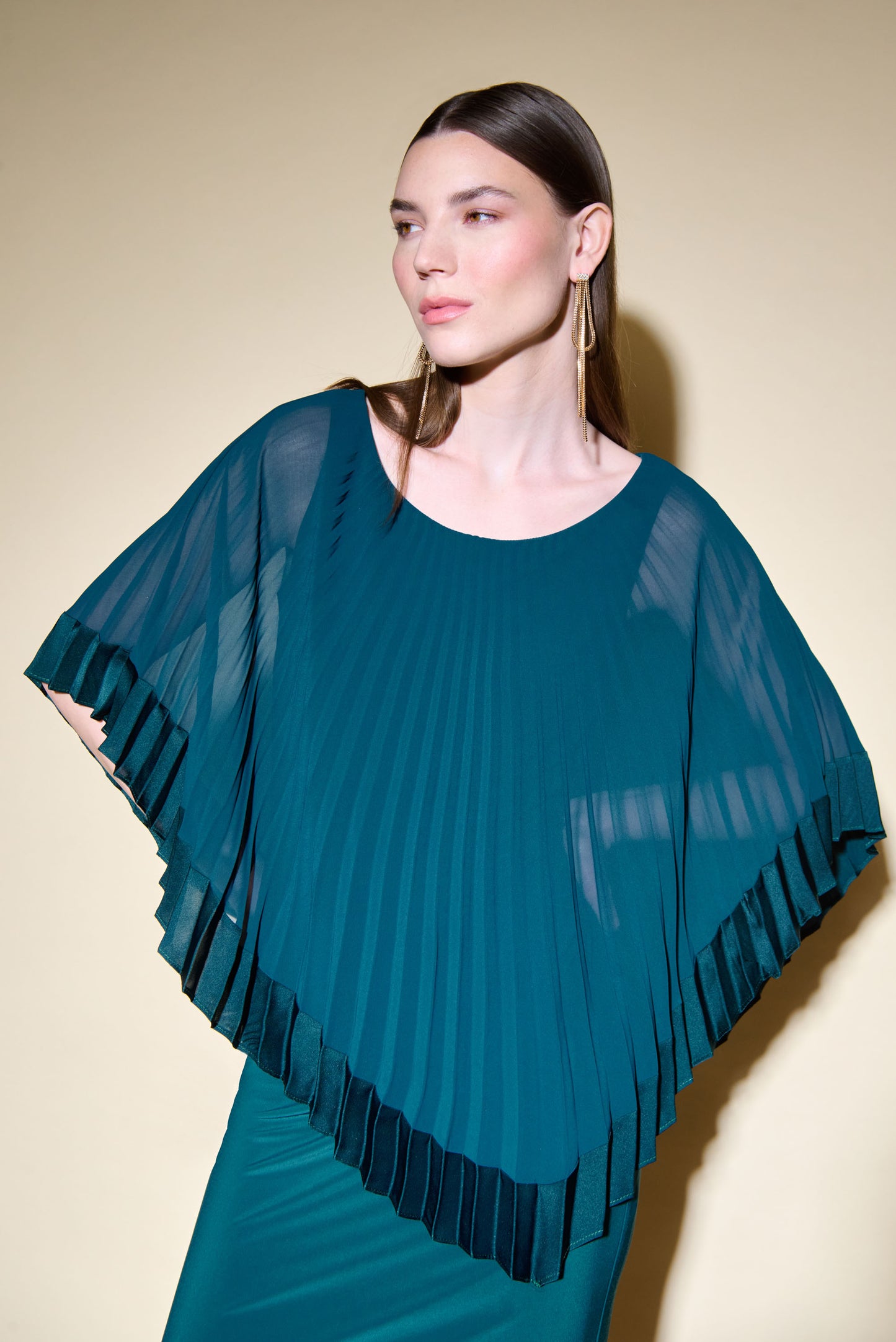 Silky Knit Sheath Dress With Chiffon Pleated Overlay
