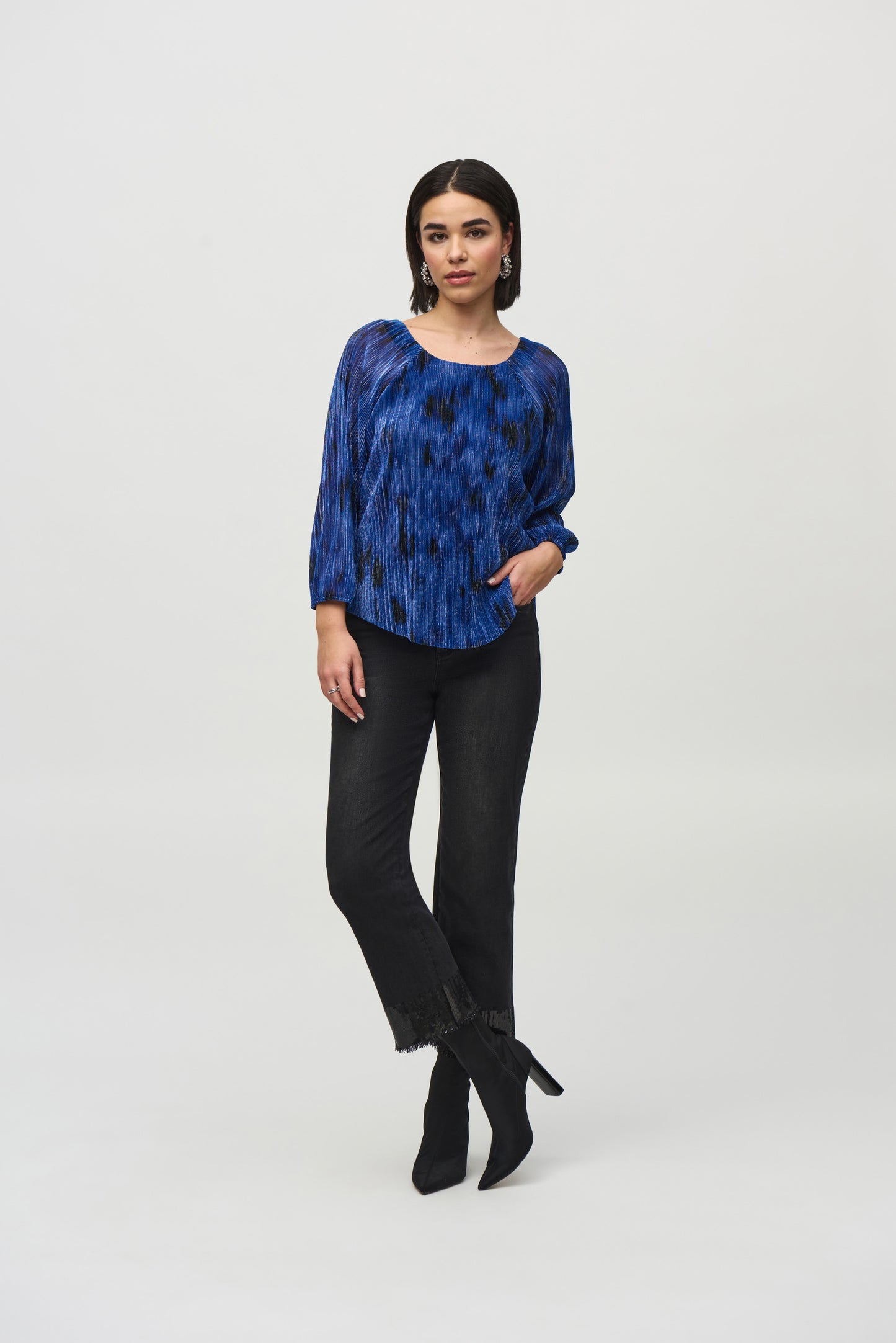 Pleated Knit Abstract Print Flared Top