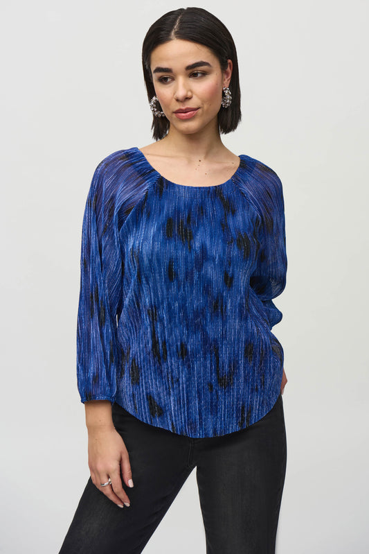 Pleated Knit Abstract Print Flared Top