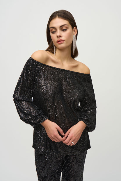 Sequin Off-Shoulder Puff Sleeve Top