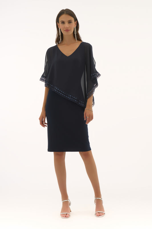 Silky Knit and Chiffon Poncho Sheath Dress