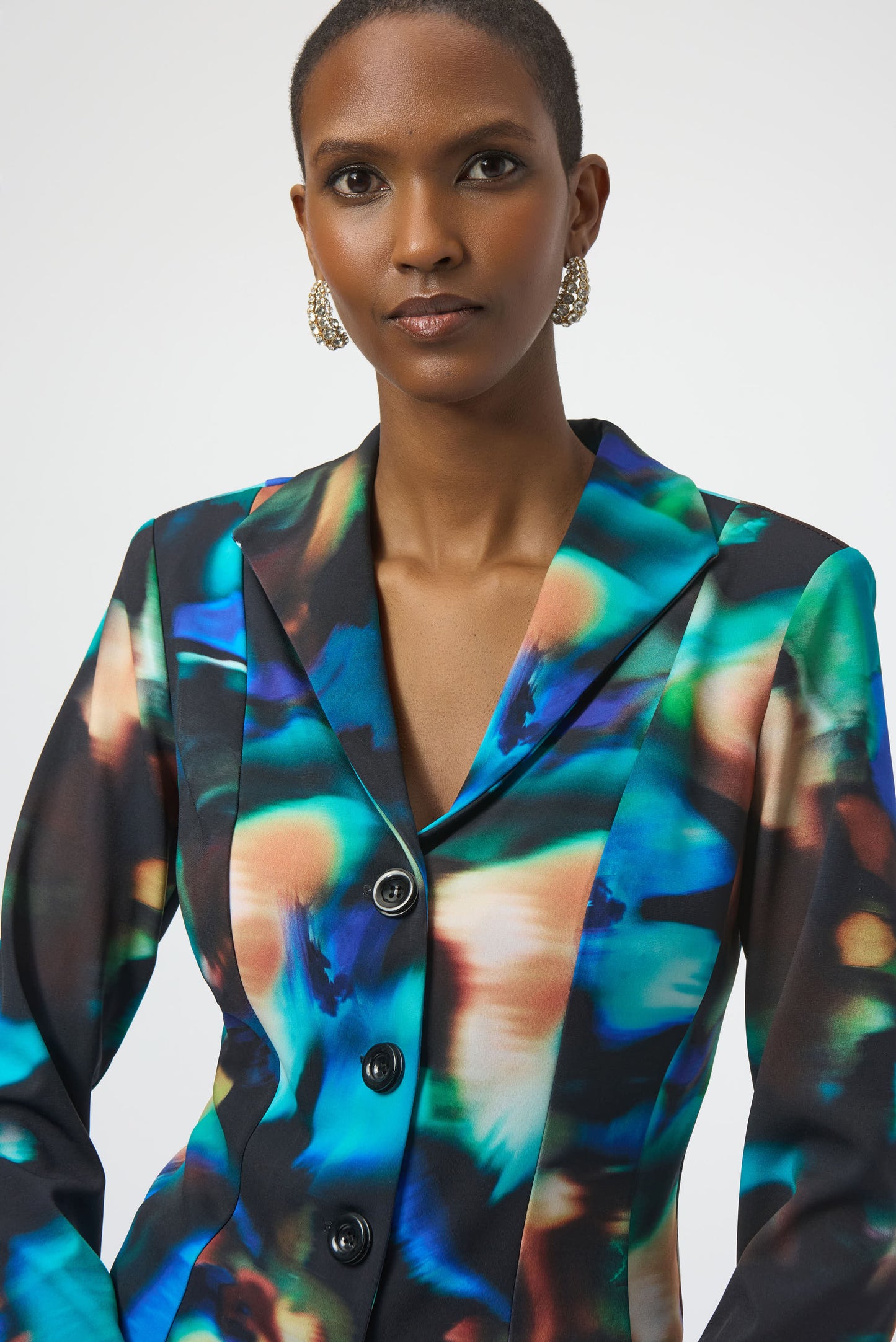 Silky Knit Abstract Print Fitted Blazer