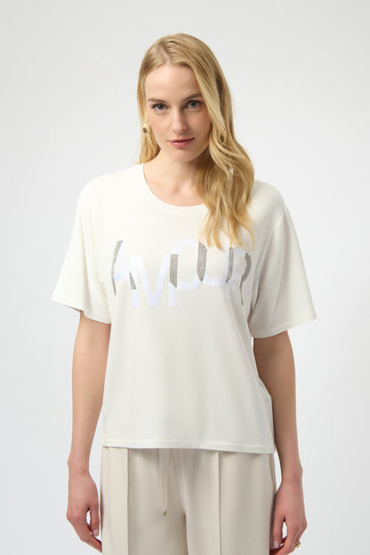 Knit T-Shirt with Rhinestone Word
