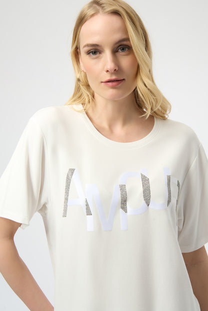 Knit T-Shirt with Rhinestone Word