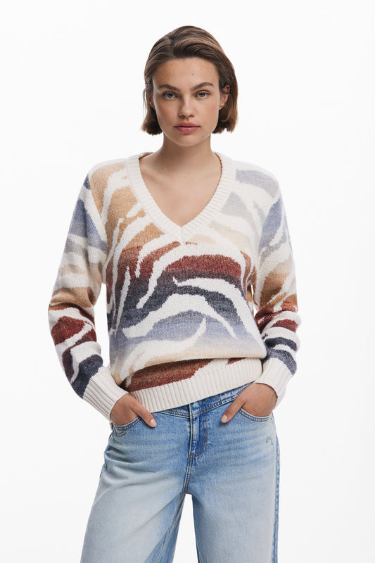 V-Neck Zebra Sweater